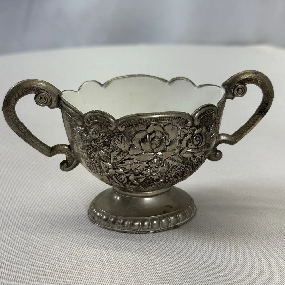Silver Plated Creamer & Sugar‎ Bowl White Enamel Interior Roses Floral Japan